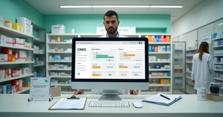 Farmacêutico em balcão de farmácia conferindo dados de CNES no computador com documentos espalhados