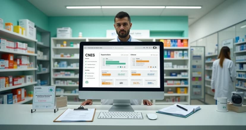 Farmacêutico em balcão de farmácia conferindo dados de CNES no computador com documentos espalhados