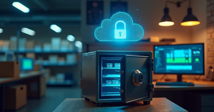 Servidor em formato de cofre protegido por escudo digital conectado a nuvem de dados