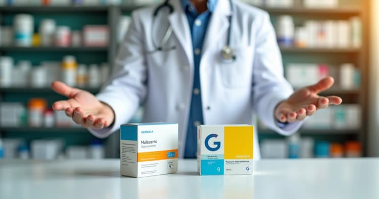 Farmacêutico mostrando caixa de remédio original e genérico lado a lado no balcão da farmácia