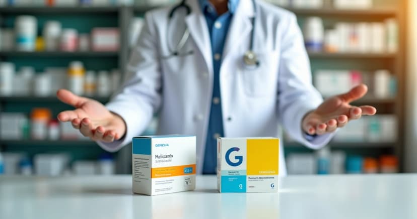 Farmacêutico mostrando caixa de remédio original e genérico lado a lado no balcão da farmácia