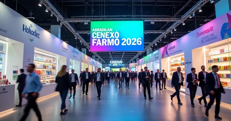 Corredor de feira farmacêutica com estandes modernos e painel digital destacando Abradilan Conexão Farma 2026