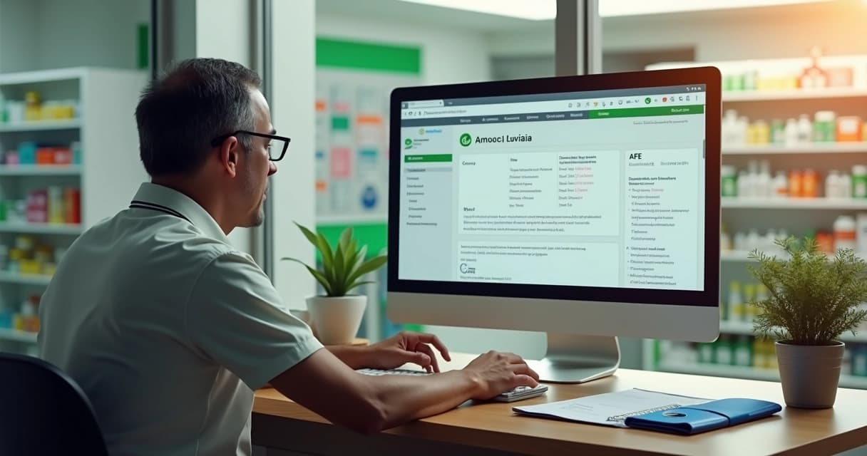 Gestor de farmácia conferindo autorização da Anvisa em computador no escritório da drogaria