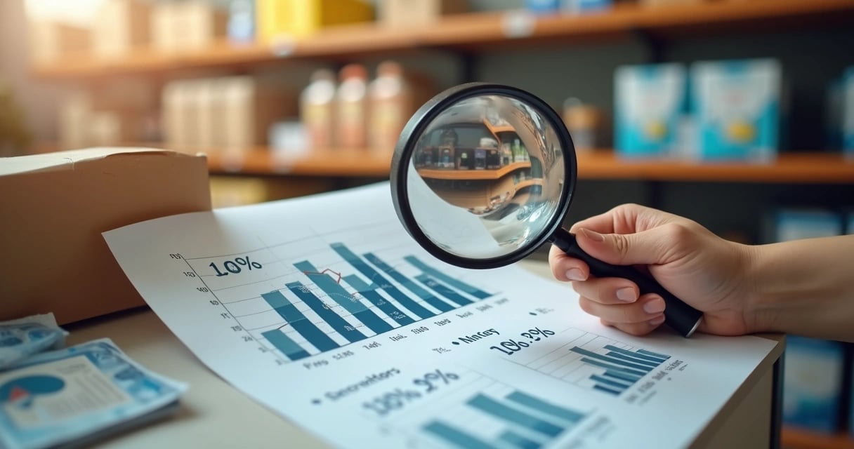 Mão segurando lupa sobre gráficos financeiros e produtos em prateleira de loja