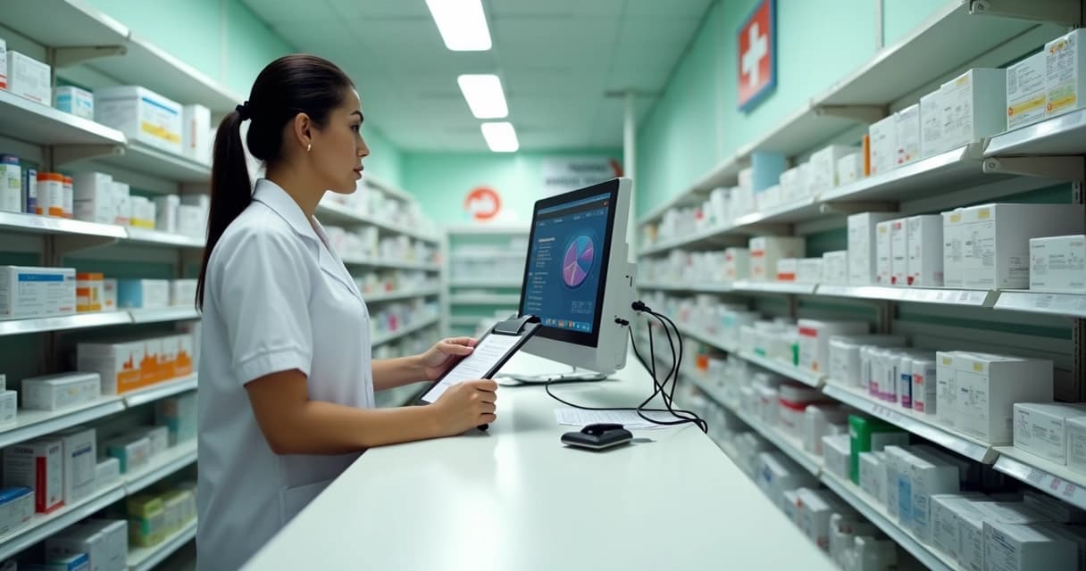 Farmacêutico conferindo estoque de medicamentos no balcão da farmácia