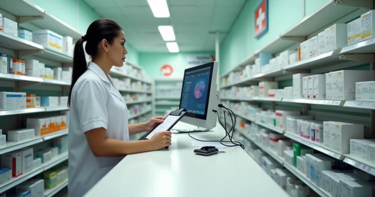 Farmacêutico conferindo estoque de medicamentos no balcão da farmácia