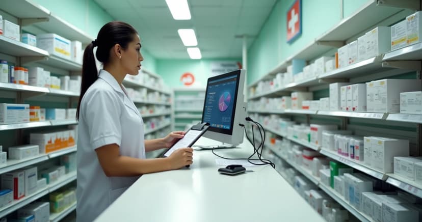 Farmacêutico conferindo estoque de medicamentos no balcão da farmácia