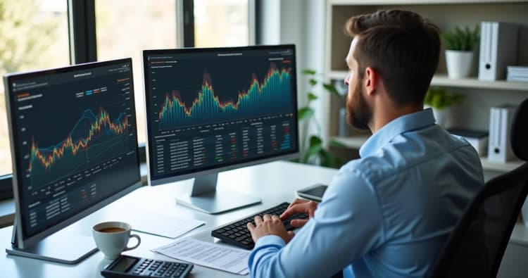 Pessoa analisando gráficos de giro de estoque em uma tela de computador com planilhas e dados financeiros visíveis na mesa de escritório