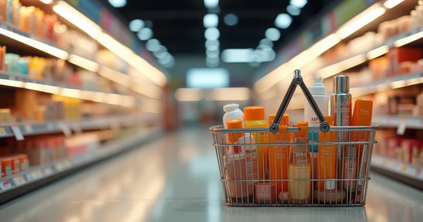 Corredor de supermercado com exposição de produtos de beleza e cesta variada em destaque