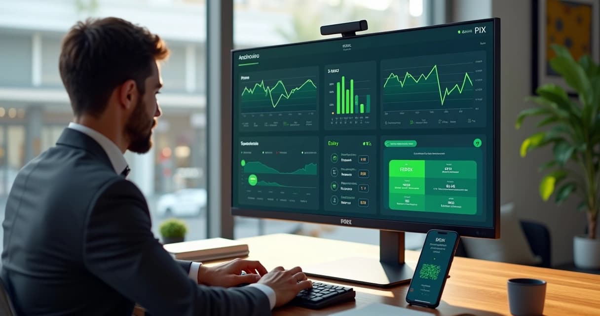 Gestor de varejo analisando painel financeiro com PIX integrado ao ERP