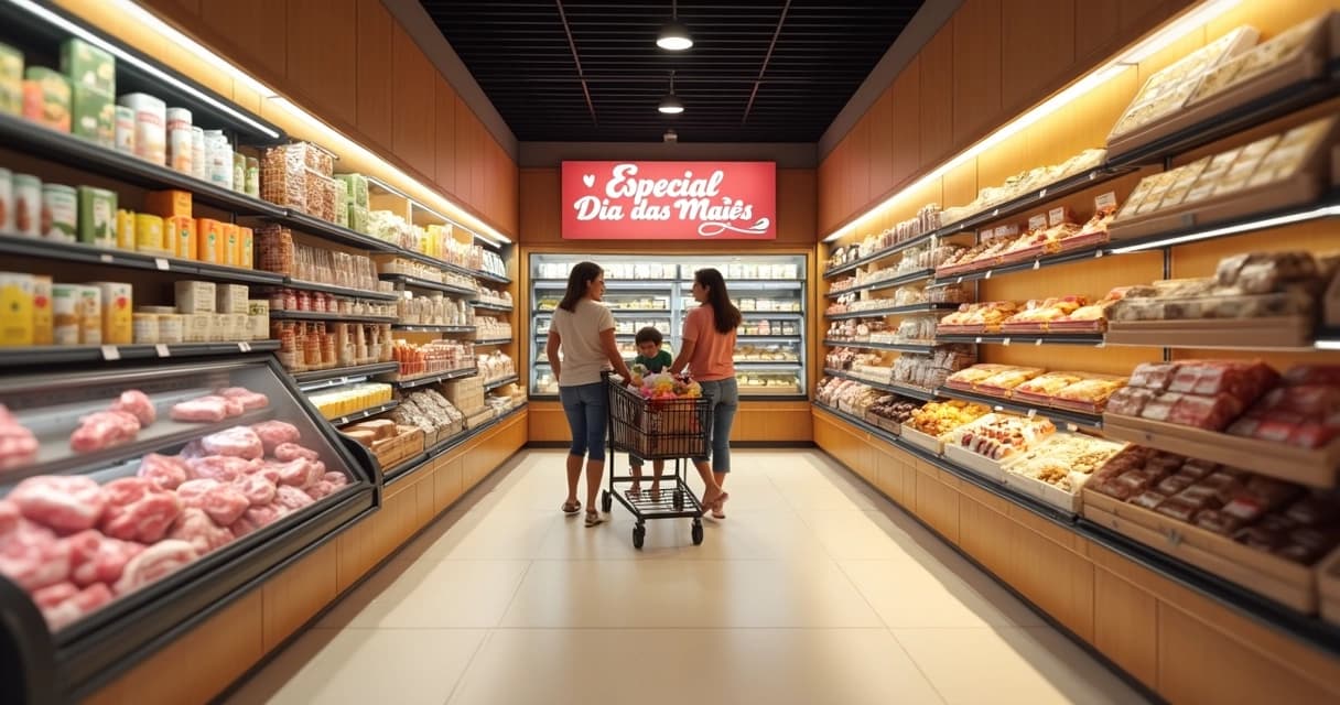 Corredor de supermercado decorado para o Dia das Mães com mãe e filha escolhendo produtos gourmets