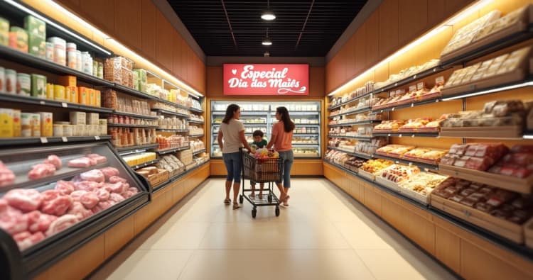 Corredor de supermercado decorado para o Dia das Mães com mãe e filha escolhendo produtos gourmets