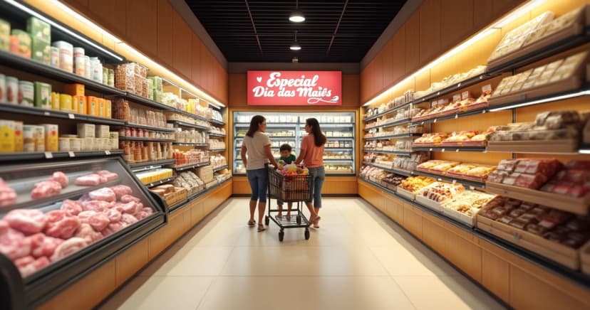 Corredor de supermercado decorado para o Dia das Mães com mãe e filha escolhendo produtos gourmets