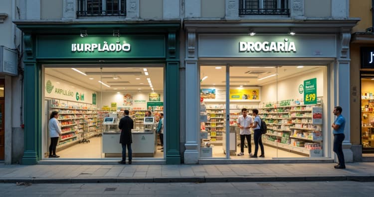 Fachadas lado a lado de farmácia com manipulação e drogaria comercial