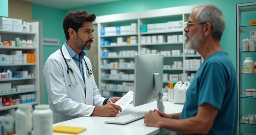 Farmacêutico atendendo cliente em balcão de farmácia durante dispensação de medicamentos