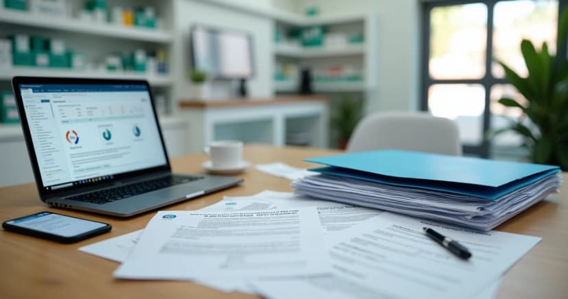 Mesa de escritório com documentos de farmácia e alvarás ao lado de balcão de remédios