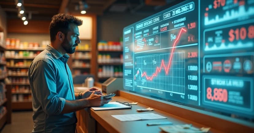 Dono de loja em frente ao balcão olhando painel digital com alertas financeiros