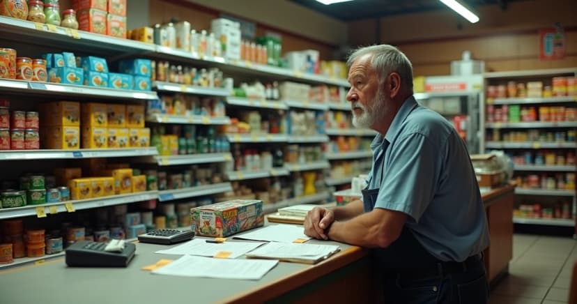 Dono de mercadinho preocupado olhando prateleira parcialmente vazia e papeis de controle