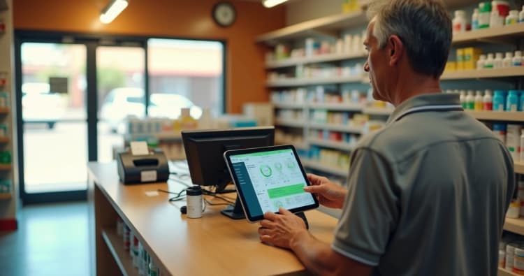 Atendente de farmácia em balcão usando tablet com painel de sistema ERP aberto