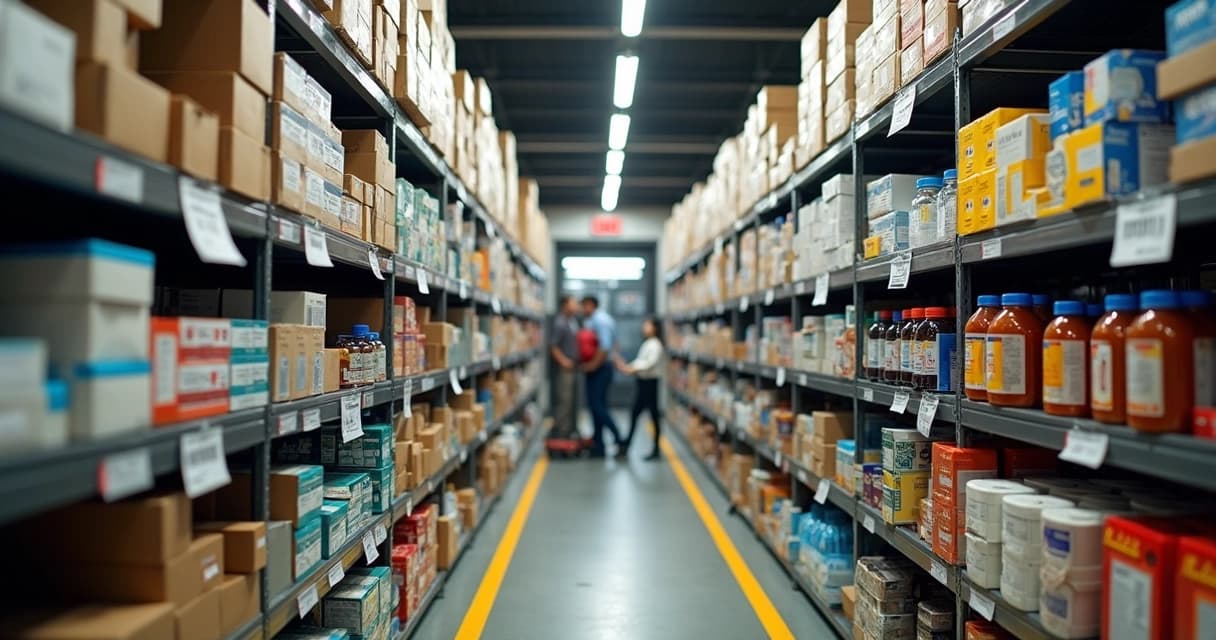 Corredor de estoque de varejo bem organizado com prateleiras cheias de produtos variados e cartões de identificação