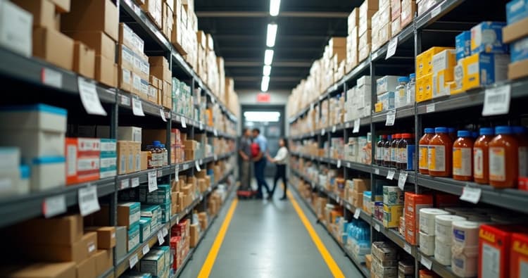 Corredor de estoque de varejo bem organizado com prateleiras cheias de produtos variados e cartões de identificação