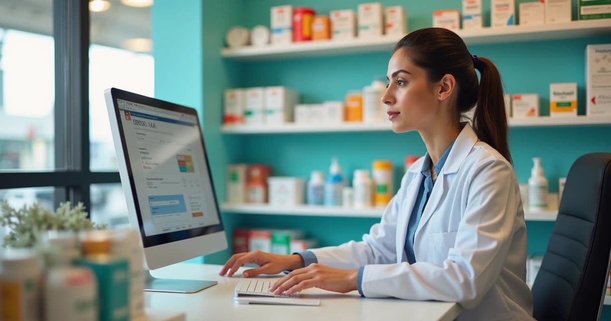 Farmacêutica utilizando computador para cadastro em programa de benefícios em medicamentos com prateleiras de farmácia ao fundo