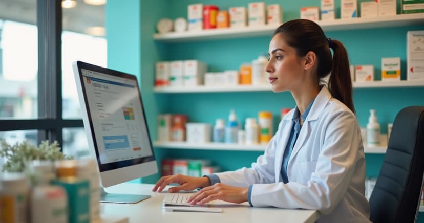 Farmacêutica utilizando computador para cadastro em programa de benefícios em medicamentos com prateleiras de farmácia ao fundo