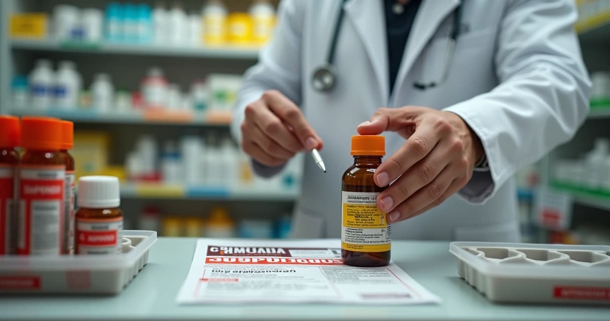 Farmacêutico mostrando rótulo de xarope com alerta sobre princípio ativo