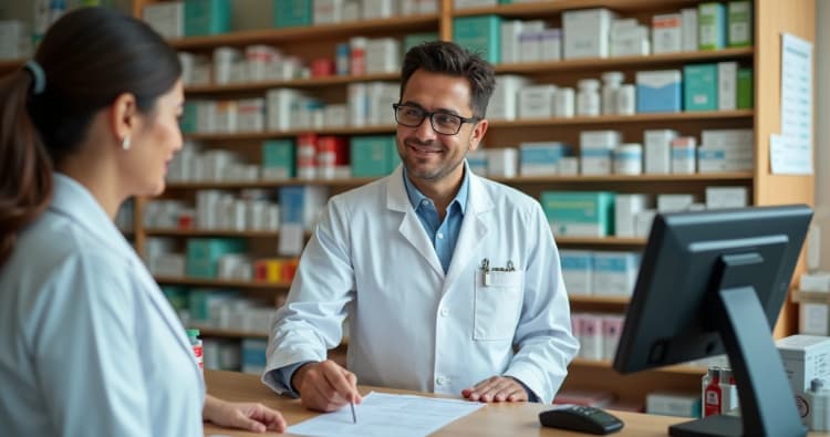 Farmacêutico atendendo paciente com folder do Farmácia Popular no balcão