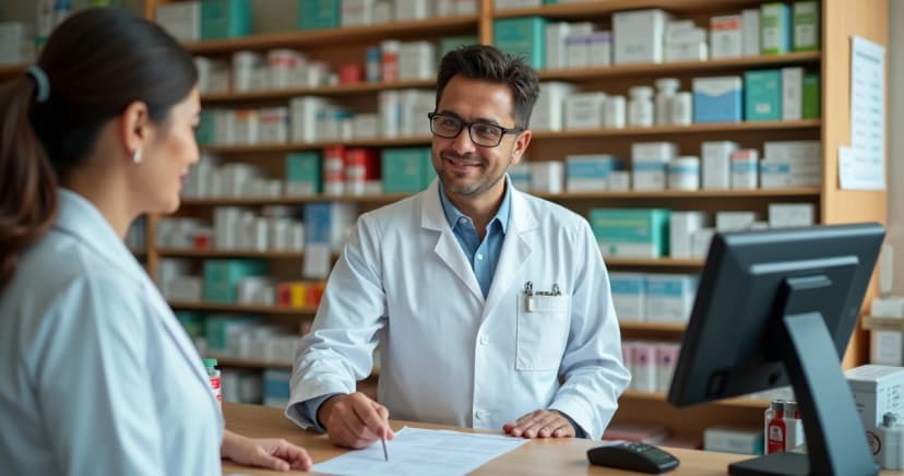 Farmacêutico atendendo paciente com folder do Farmácia Popular no balcão