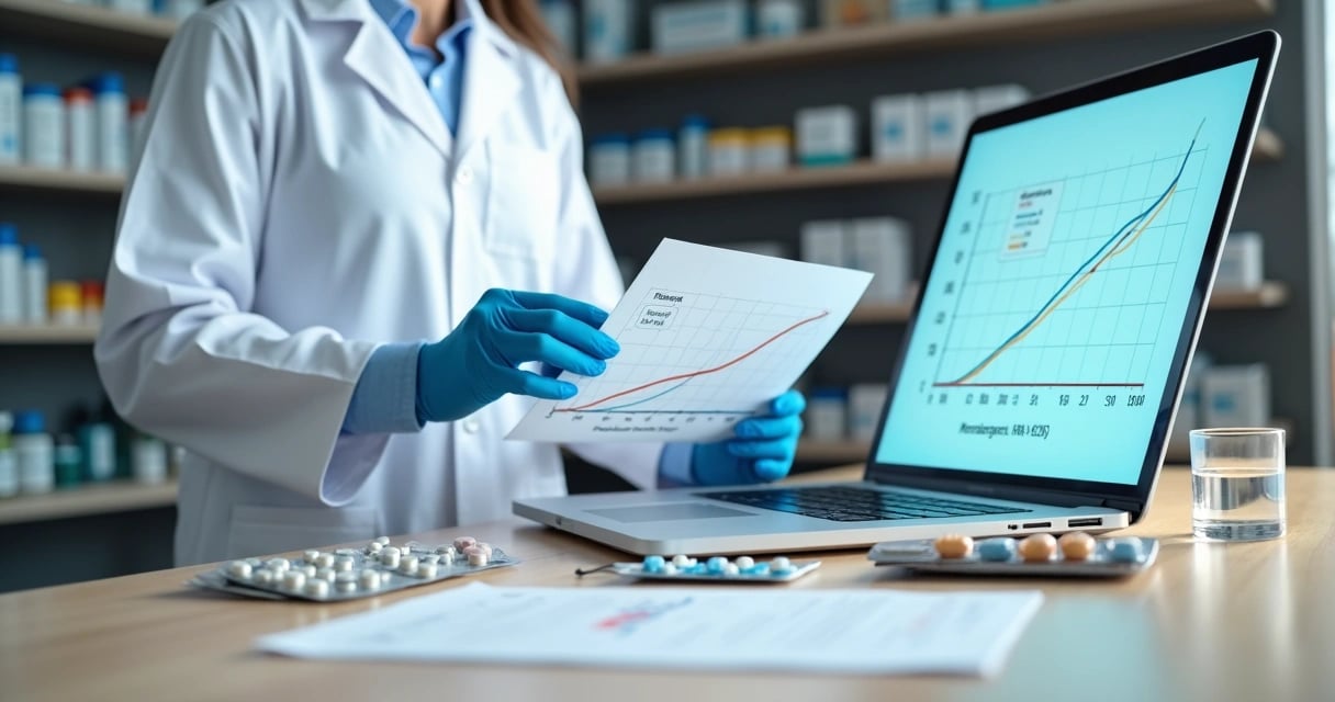 Farmacêutico analisando gráficos de biodisponibilidade ao lado de comprimidos