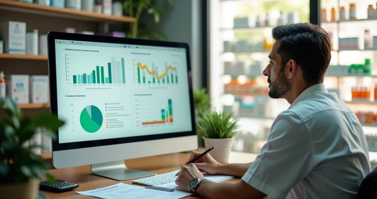 Farmacêutico analisando relatórios de CMV e estoque no computador