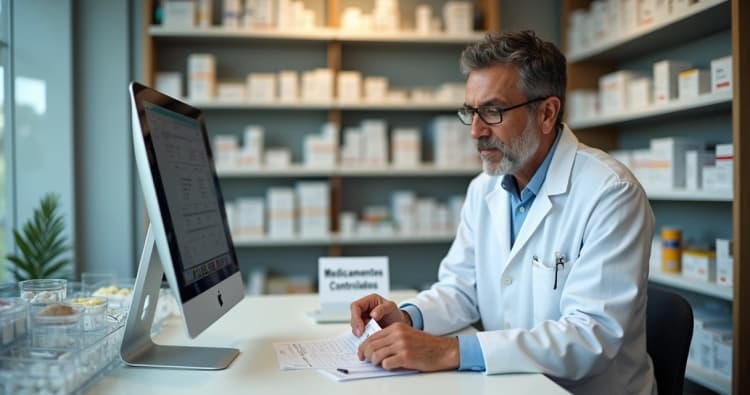 Farmacêutico conferindo receita de medicamento controlado no balcão da farmácia