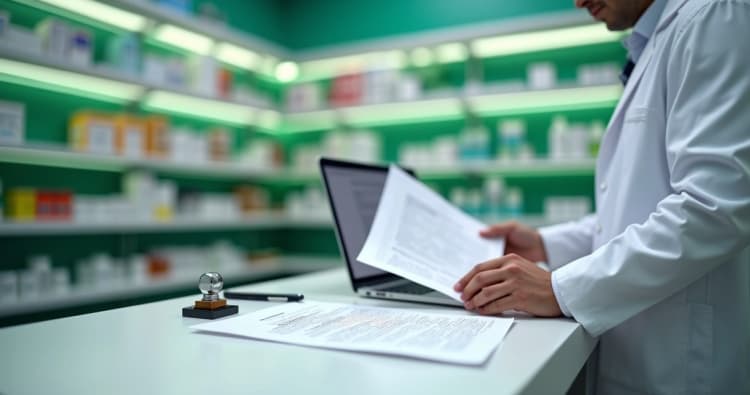 Farmacêutico conferindo documentação de AFE e Anvisa no balcão da farmácia