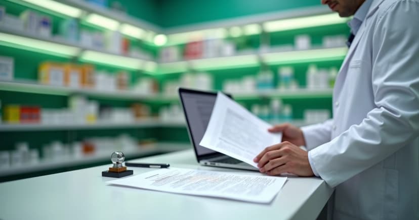 Farmacêutico conferindo documentação de AFE e Anvisa no balcão da farmácia