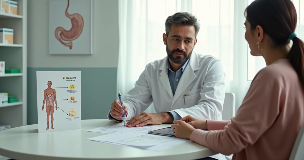 Farmacêutico mostrando caneta emagrecedora e esquema simples do corpo em consulta orientativa