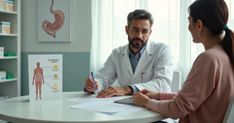 Farmacêutico mostrando caneta emagrecedora e esquema simples do corpo em consulta orientativa