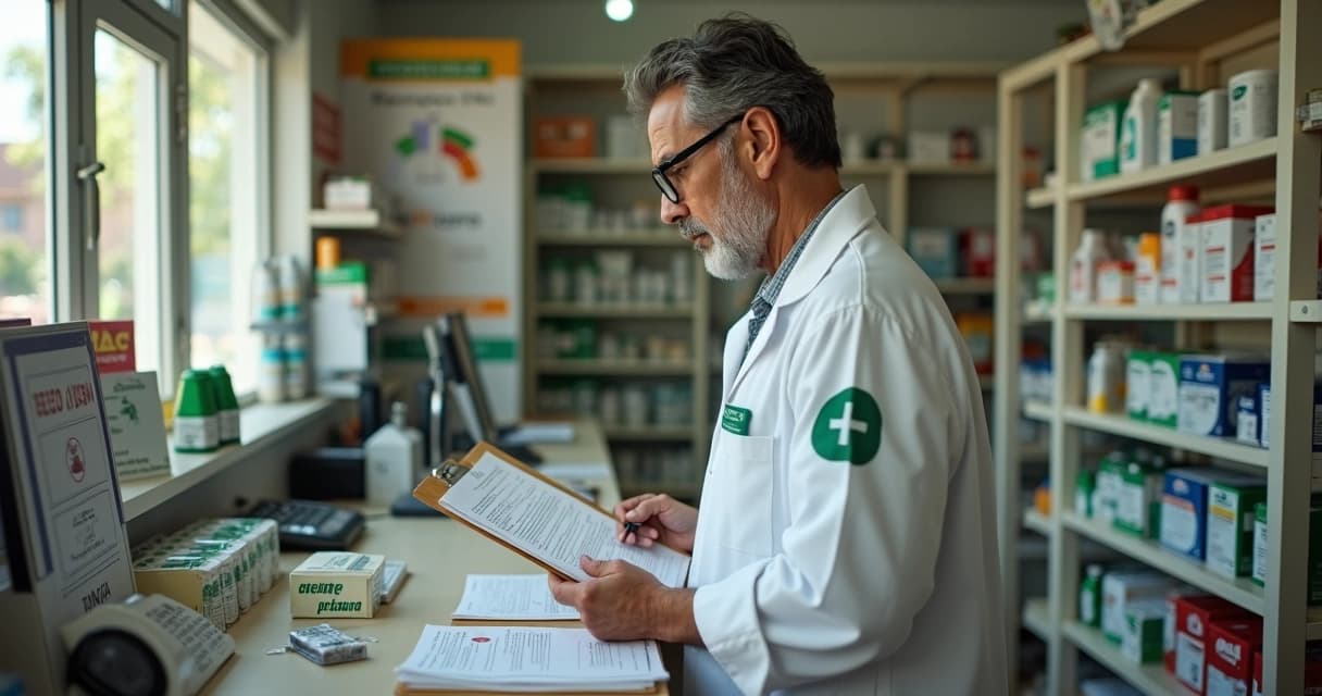 Farmacêutico nordestino confere bloco de receituário do Farmácia Popular em balcão