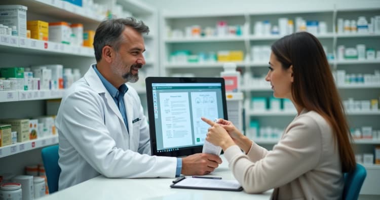 Farmacêutico em balcão registrando evento adverso em sistema de gestão