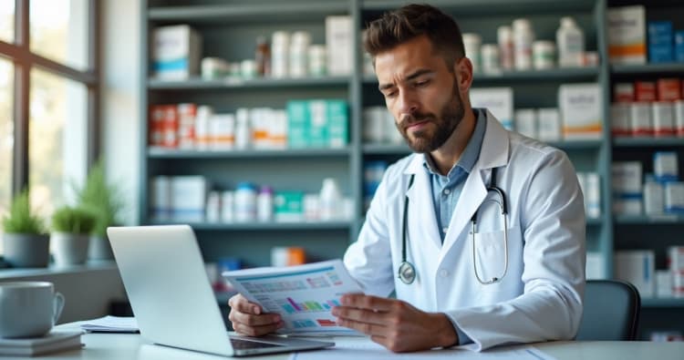 Farmacêutico analisando planilha financeira com prateleiras de medicamentos ao fundo
