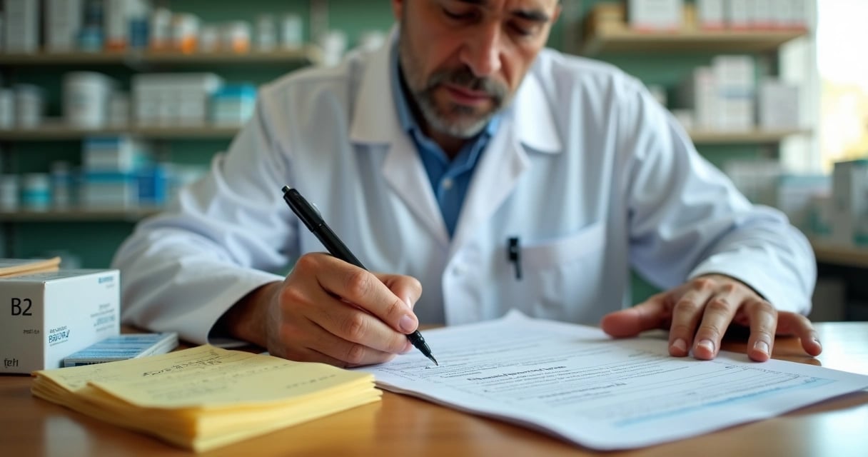 Farmacêutico preenchendo formulário RMNRB2 em farmácia com receituários B2