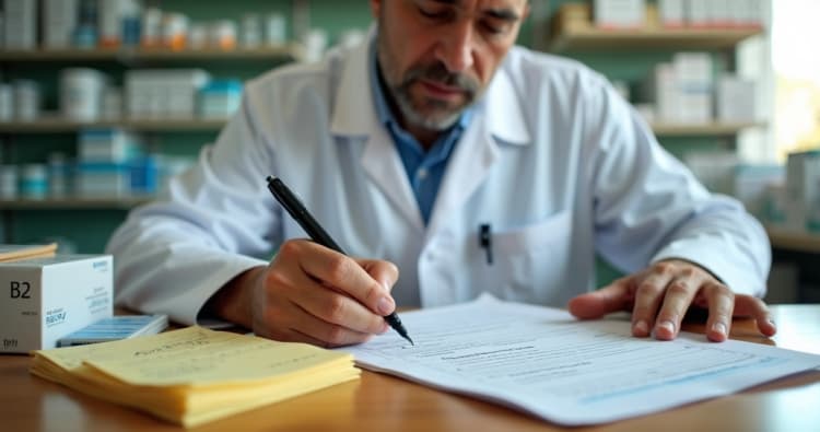 Farmacêutico preenchendo formulário RMNRB2 em farmácia com receituários B2