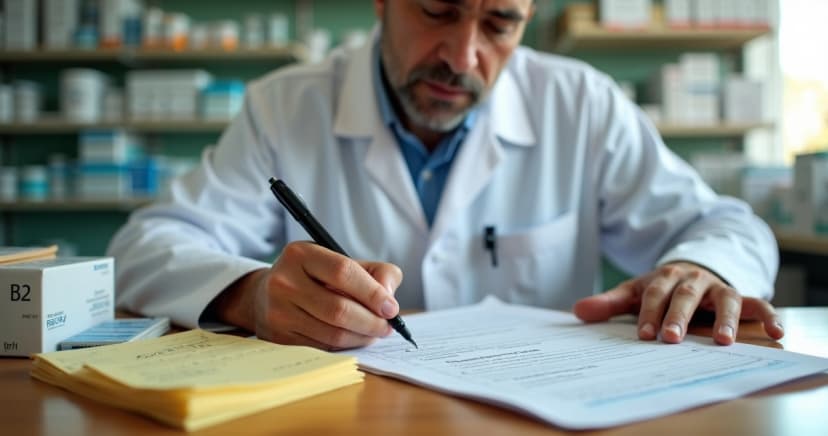 Farmacêutico preenchendo formulário RMNRB2 em farmácia com receituários B2