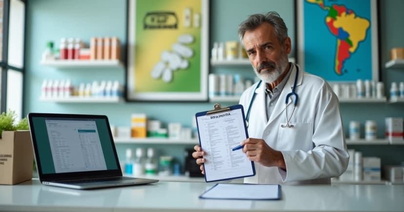 Farmacêutico conferindo checklist de RDC Anvisa em frente a mapas do Nordeste
