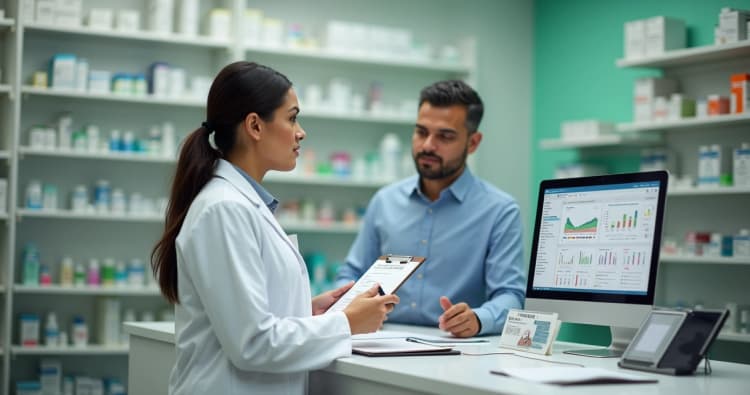 Farmacêutico responsável técnico orientando cliente no balcão da farmácia