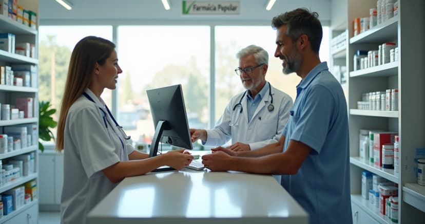 Atendimento em farmácia popular com farmacêutico entregando medicamento a cliente no balcão
