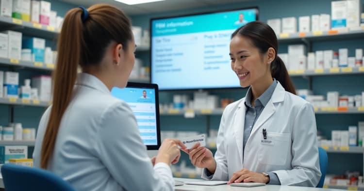 Farmacêutico atendendo cliente com ambiente de farmácia moderna ao fundo