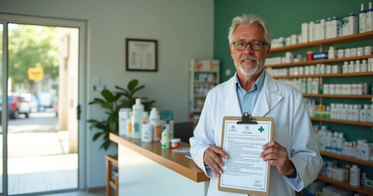 Farmacêutico mostrando licença de funcionamento em balcão de farmácia moderna