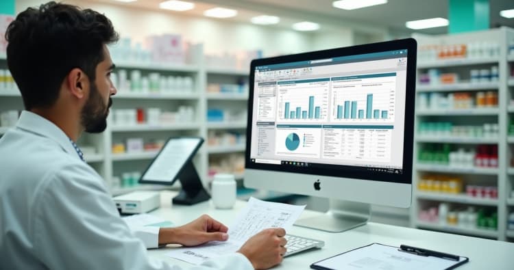 Farmacêutico usando computador para preencher BSPO em farmácia moderna
