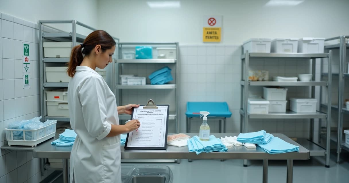 Gestor de farmácia preenchendo checklist de higiene e segurança em área de manipulação